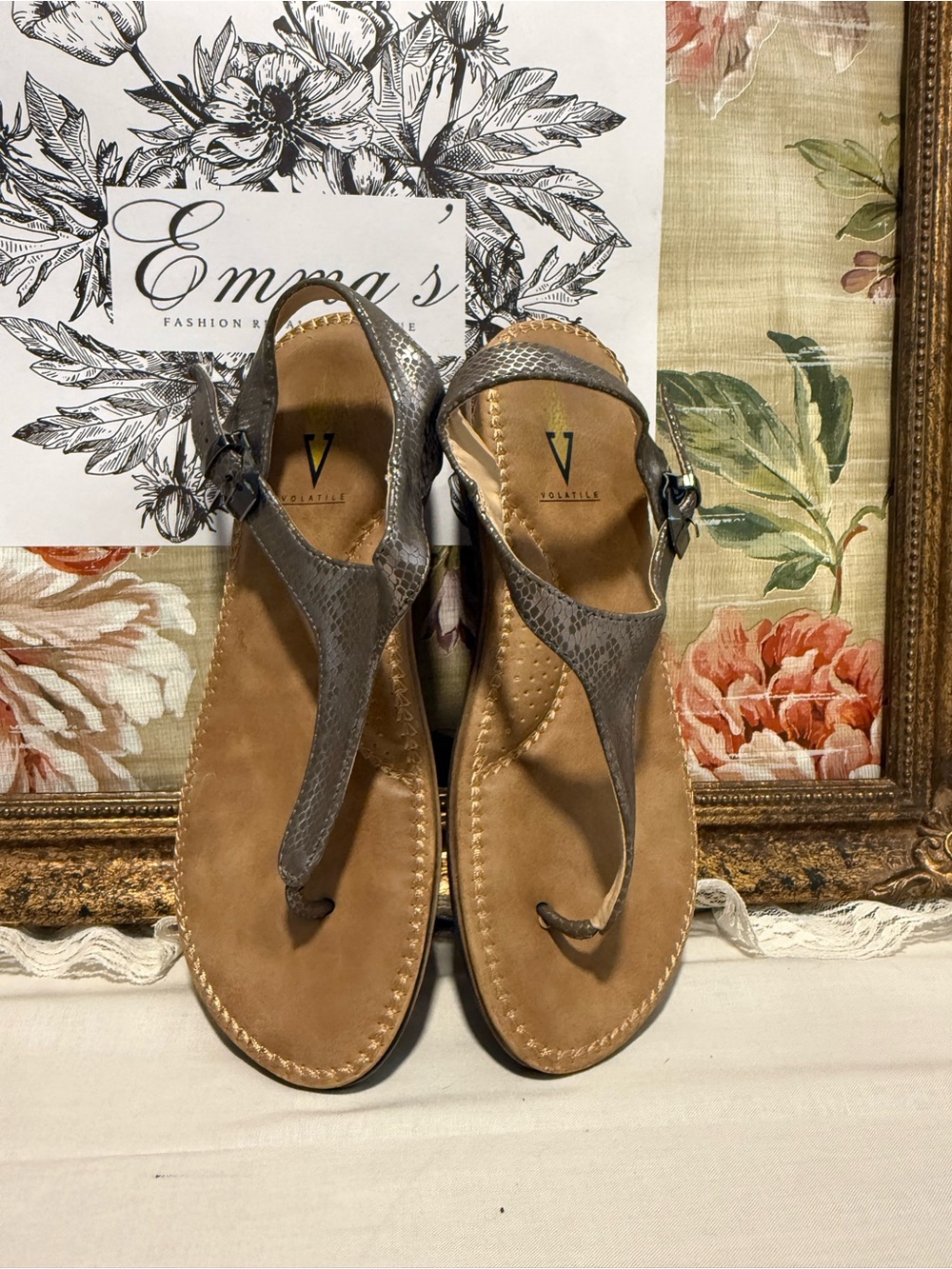 Volatile Gray Snake-Print T-Strap Sandals